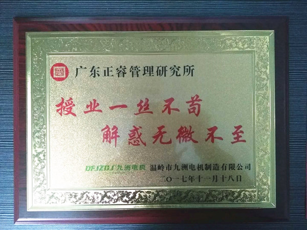 溫嶺市九洲電機制造有限公司贈與廣州正睿授業(yè)一絲不茍與，解惑無微不至牌匾